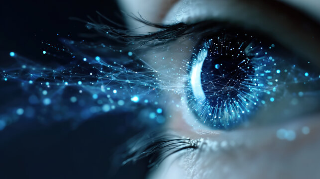 Close-up of human pupil and the light of technology reflected in