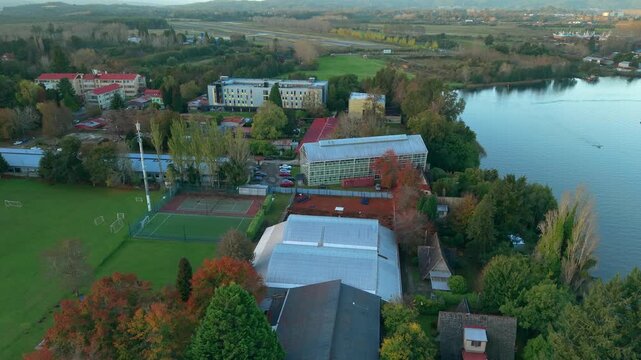 Aerial Establishing of Austral University Campus and Buildings Isla Teja Valdivia Chile