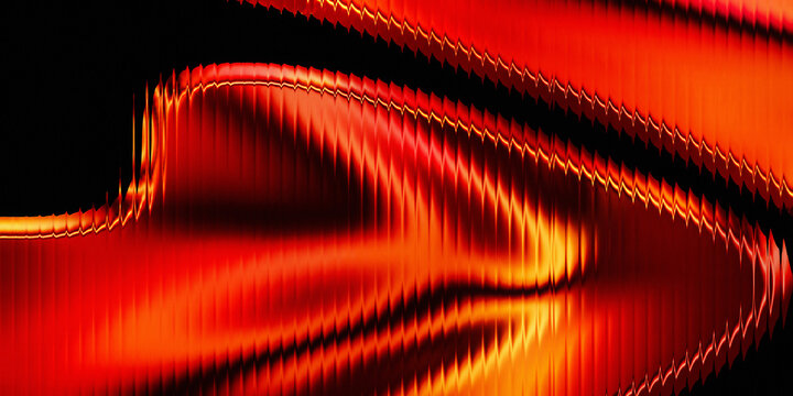 Premium 3D render of abstract fiery red and orange metallic fluid surface with reeded ribbed glass texture and dynamic liquid wave distortion backdrop