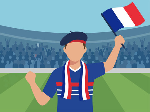 French sports fan cheering with national flag in stadium illustration