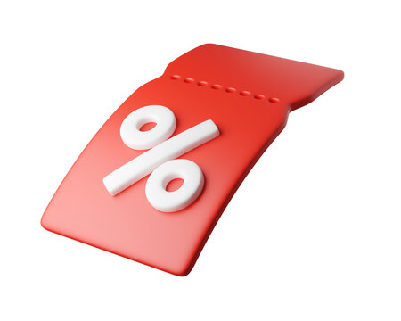 Flying 3d red discount coupon ticket with percent symbol, isolated on background. Template Blank voucher for sale, promotion concept, online shopping. 3d render
