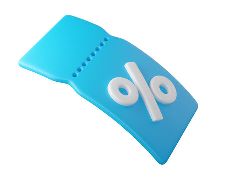 Flying 3d blue discount coupon ticket with percent symbol, isolated on background. Template Blank voucher for sale, promotion concept, online shopping. 3d render

