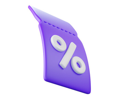 Flying 3d purple discount coupon ticket with percent symbol, isolated on background. Template Blank voucher for sale, promotion concept, online shopping. 3d render
