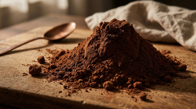 Close-up of a pile of rich brown cocoa powder on a wooden board with a vintage spoon, perfect for baking and hot drinks.