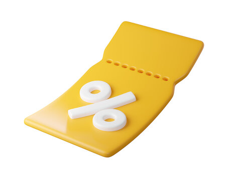 Flying 3d yellow discount coupon ticket with percent symbol, isolated on background. Template Blank voucher for sale, promotion concept, online shopping. 3d render
