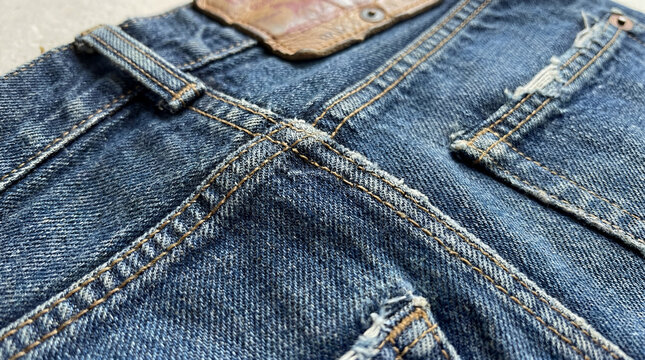 Close-up of blue denim jeans with stitching and leather patch