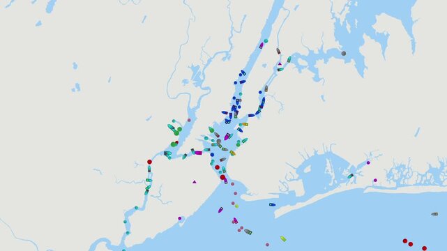 New York, New Jersey port. Detailed digital map of ship tracking data and maritime traffic in New York, New Jersey port, global trade routes, oil tanker logistics, energy distribution, geopolitical