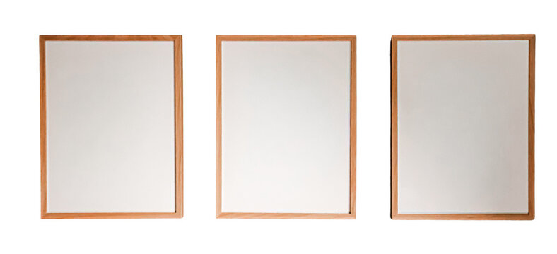PNG Three vertical wooden frames with blank white canvas arranged on a transparent background, providing a versatile mockup for art or advertising content