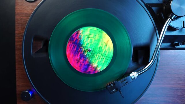 Starting Playback of Green 45 RPM Vinyl Record, Top Down View