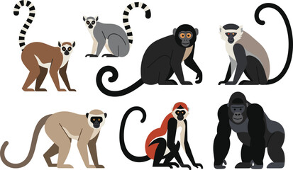 Primate Icon Collection Featuring Lemurs, Monkeys, and Gorillas in Stylized Black‑and‑Colored Vector Designs Highlighting Distinct Species Characteristics © Abdur