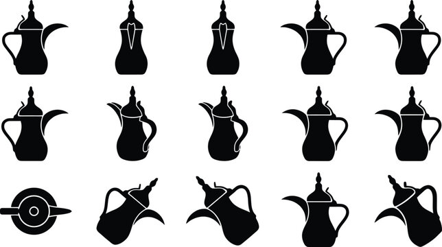 Collection of Arabic Coffee Pot Dallah Silhouettes in Various Poses and Angles traditional arabian