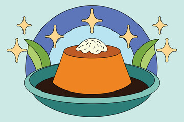 Fototapeta premium Sweet caramel custard pudding topped with whipped cream in bowl on green background with decorative green leaves and glowing stars forming festive aesthetic for delicious dessert culinary art concept.