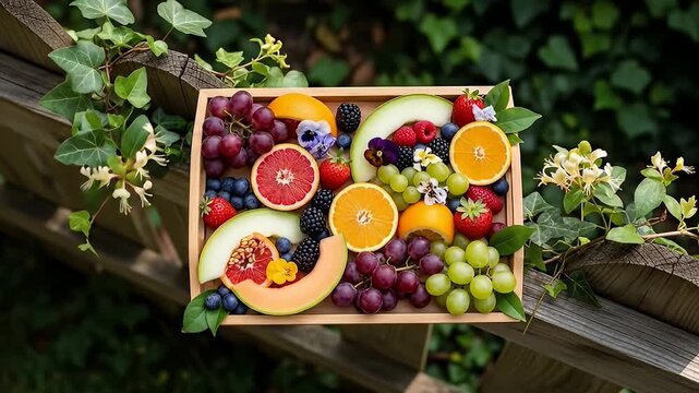 Colorful fruit platter with berries, grapes, citrus, melons, and flowers on wooden trellis
