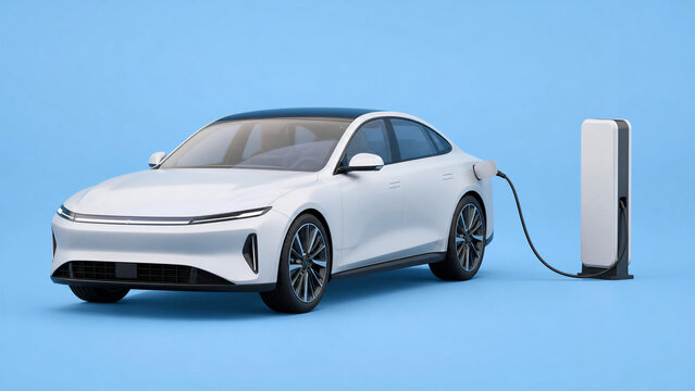 Sleek white electric vehicle charging at a modern station on a blue background