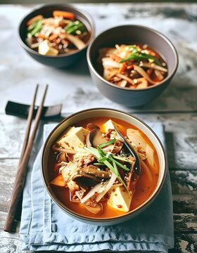 Kimchi-Eintopf mit Pilzen und Tofu.