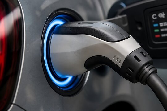 Close-up of an electric vehicle charging port with a glowing blue ring and a charging cable plugged in.
