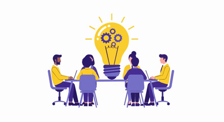 Fototapeta premium Business Team Brainstorming Creative Ideas and Innovative Solutions with Light Bulb and Gears Vector Illustration for Collaboration, Startups, and Problem Solving