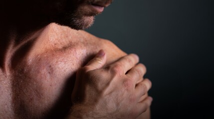Fototapeta premium Man touches his shoulder while standing in a dark space, showing skin texture and hand movement without any distractions around