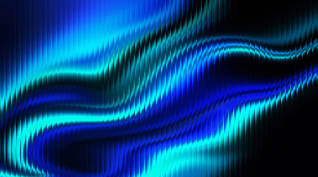 Abstract cool blue and cyan liquid metal glass wave background with glossy ribbed reeded texture and smooth neon gradient distortion, futuristic CGI render