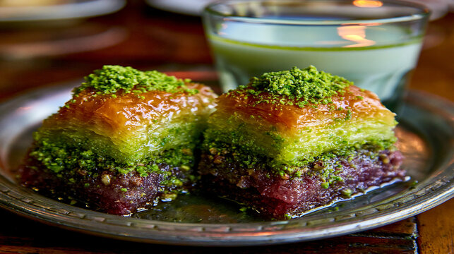 Delicious pistachio baklava with creamy drink middle eastern phyllo dough metal plate