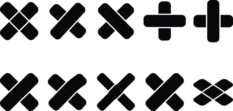Collection of Black Cross and Plus Symbols on White Background Keywords: cross, plus, symbol, shape, icon, mathematical, addition, intersection, overlap, design, graphic, simple, geometric