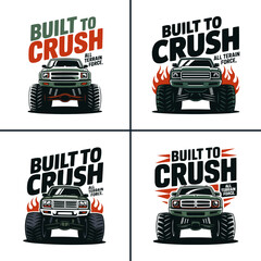 Four monster truck graphic designs with built to crush text © Vectyx