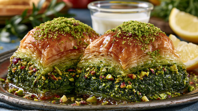 Layered pistachio baklava served with creamy beverage and lemon slice middle eastern pistachio