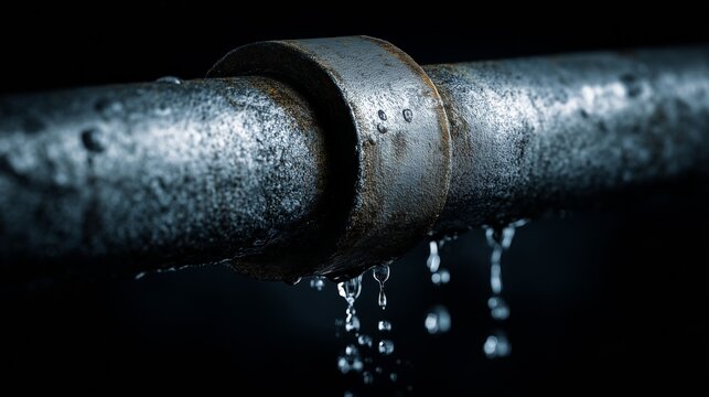 Water drips from a rusty metal pipe in a dark environment near a construction site or maintenance area