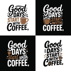 Fototapeta premium Four creative typography designs featuring positive morning coffee quote illustrations