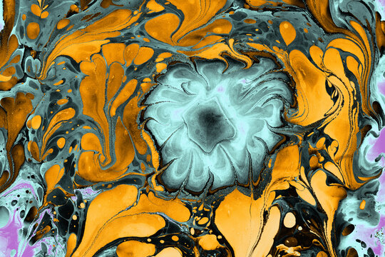 Abstract colorful ebru marbling art with floral pattern texture background