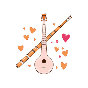 Traditional Indian Stringed Instrument and Bamboo Flute Crossed with Hearts Illustration