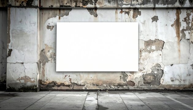 劣化したコンクリート壁と白い横長パネルのモックアップ背景｜廃墟 壁 面 ひび割れ ポスター