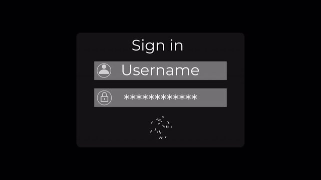 Secure sign-in interface with username, password, and biometric fingerprint scanner icon on alpha channel. Modern UI wireframe for user login and authentication access. 4k video