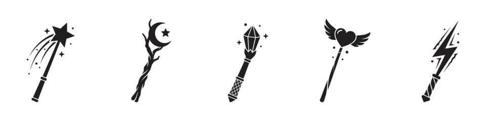 Magic wand icon set. Wizard and fairy staff with sparkles. Fantasy game and magic spell symbols. Vector illustration. EPS 10 © Jeremy_Show