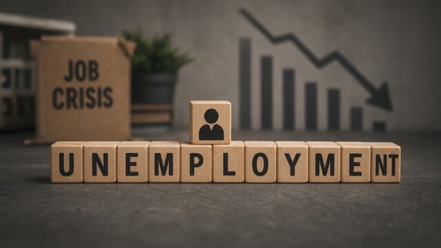 Wooden blocks spell 'Unemployment' and 'Job Crisis' with a falling graph, symbolizing an economic downturn and widespread job loss.