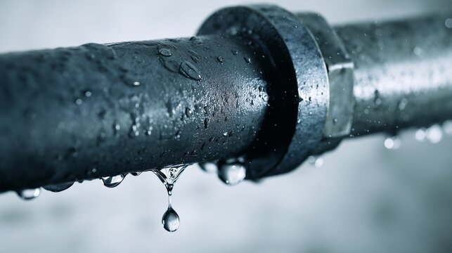 Water drips from a black pipe with condensation in a basement setting during the day