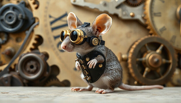 Steampunk mouse wearing goggles and armor standing on table with gears  