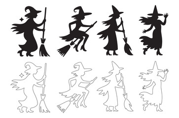 Fototapeta premium Witch silhouettes with broomsticks black and white line art set