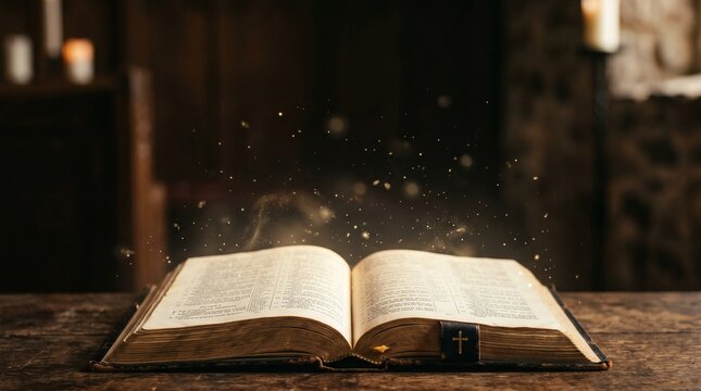 Open Holy Bible on a rustic wooden table, glowing with subtle golden particles rising from its pages against a dark, mystical background.