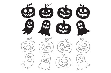 Obraz premium Halloween Jack o lanterns and Ghosts Set Black and White Line Art