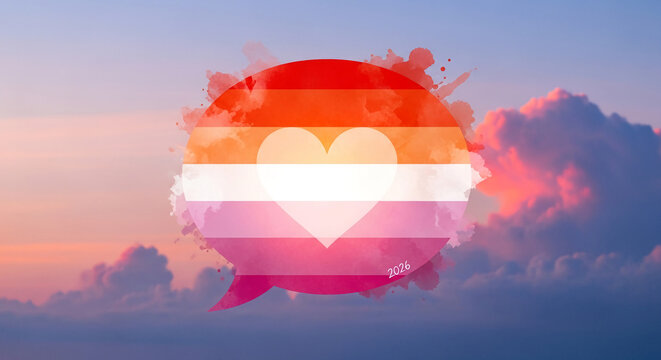 Speech bubble with lesbian pride flag and heart overlay against a sunset sky, symbolizing love, acceptance, and pride, free space for text