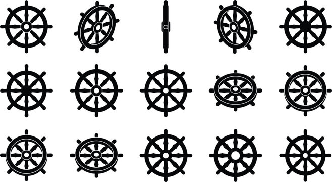 Collection of Black Ship Steering Wheels in Different Styles and Angles Keywords: ship, wheel, steering, helm, nautical, marine, boat, sea, ocean, transport, navigation, control, icon, graphic