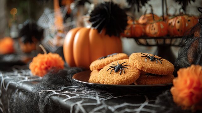 A festive Halloween table featuring cookies with plastic spiders, pumpkins, and spooky decorations