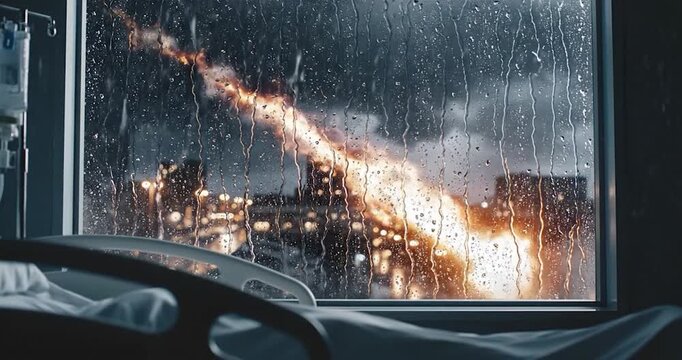 Meteor shower falling outside a hospital room window during rainstorm