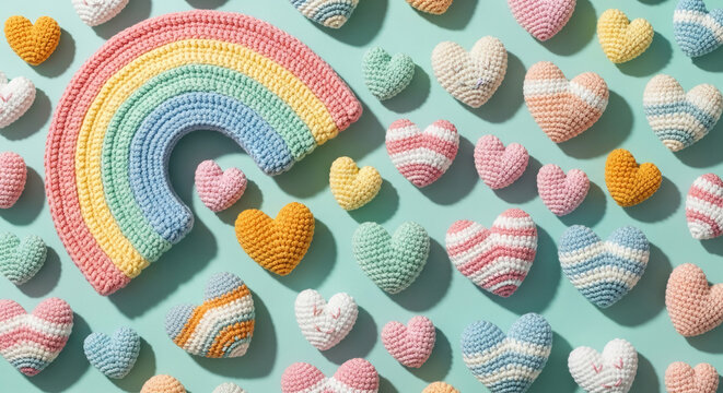 Crocheted hearts and a rainbow scattered on a mint background, symbolizing love, hope, and Valentine's Day, perfect for celebratory or heartwarming themes