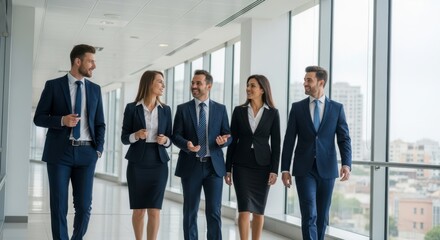 Fototapeta premium business people walking in office hallway with windows high quality professional