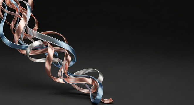 Abstract swirling ribbons of metallic rose gold and blue create an elegant, modern design, symbolizing flow, connection, and luxury on a dark background with free space for text