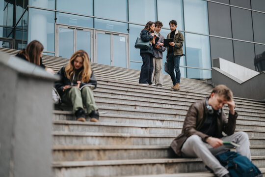 A group of high school students converse and check a tablet while standing on outdoor steps. Other students sit on the stairs reading and using devices in a relaxed school scene.
