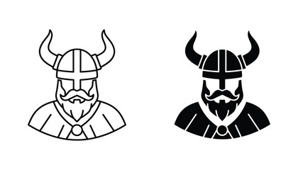 Viking warrior head icon set with horned helmet in outline and solid black styles for historical and fantasy gaming character design © Majestic