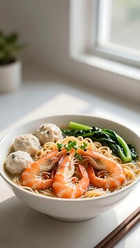 Traditional Hainan Yi Fu Mian noodle soup with shrimp and fish balls